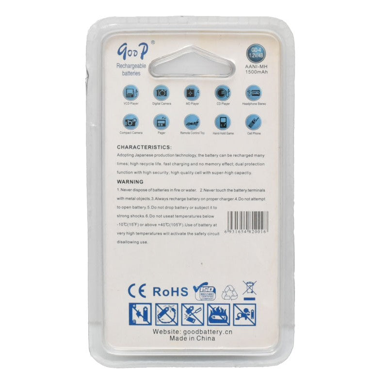 Acumulatori reincarcabili AA 1500mAh, spatele ambalajului cu specificatii, certificari CE si RoHS