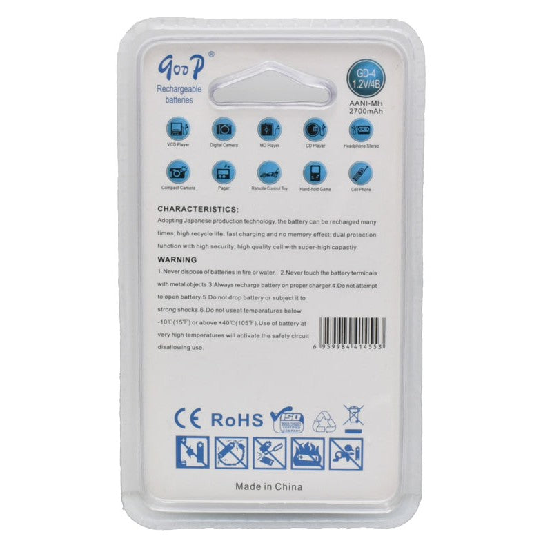Acumulatori AA 2700mAh Ni-MH, verso ambalaj cu specificatii tehnice si avertismente de siguranta