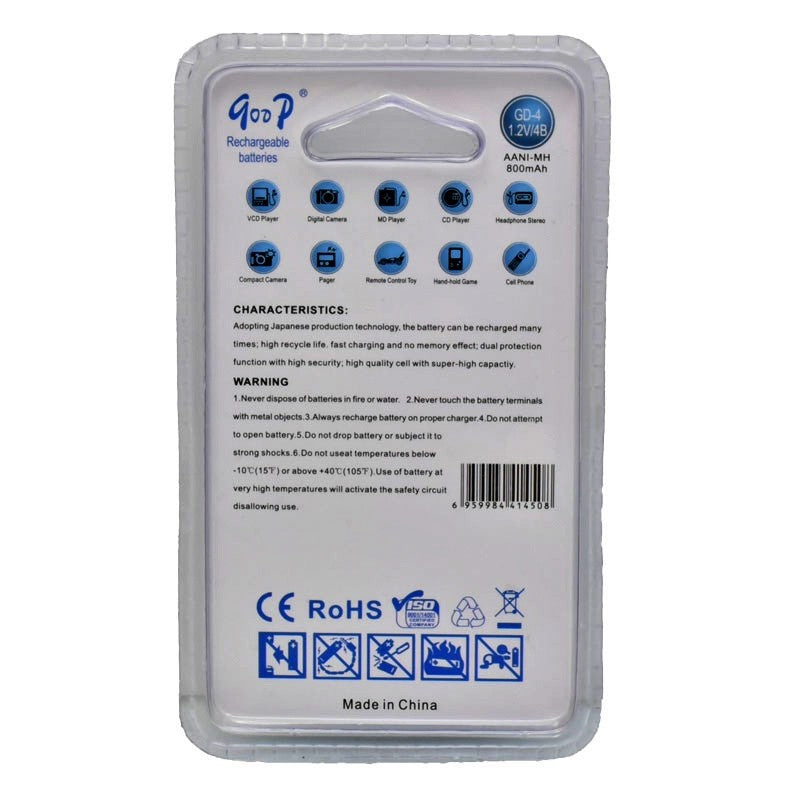 Acumulatori AA 800mAh Ni-MH, verso ambalaj cu specificatii tehnice, certificari CE si RoHS