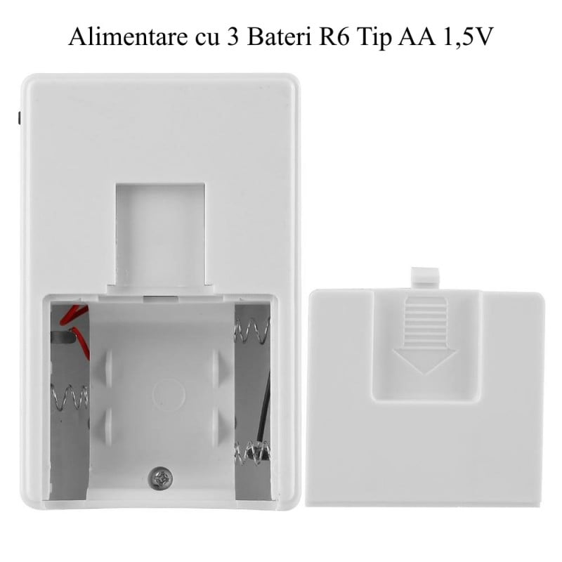 Alarma cu senzor PIR - compartiment baterii AA 1.5V deschis, capac detasabil
