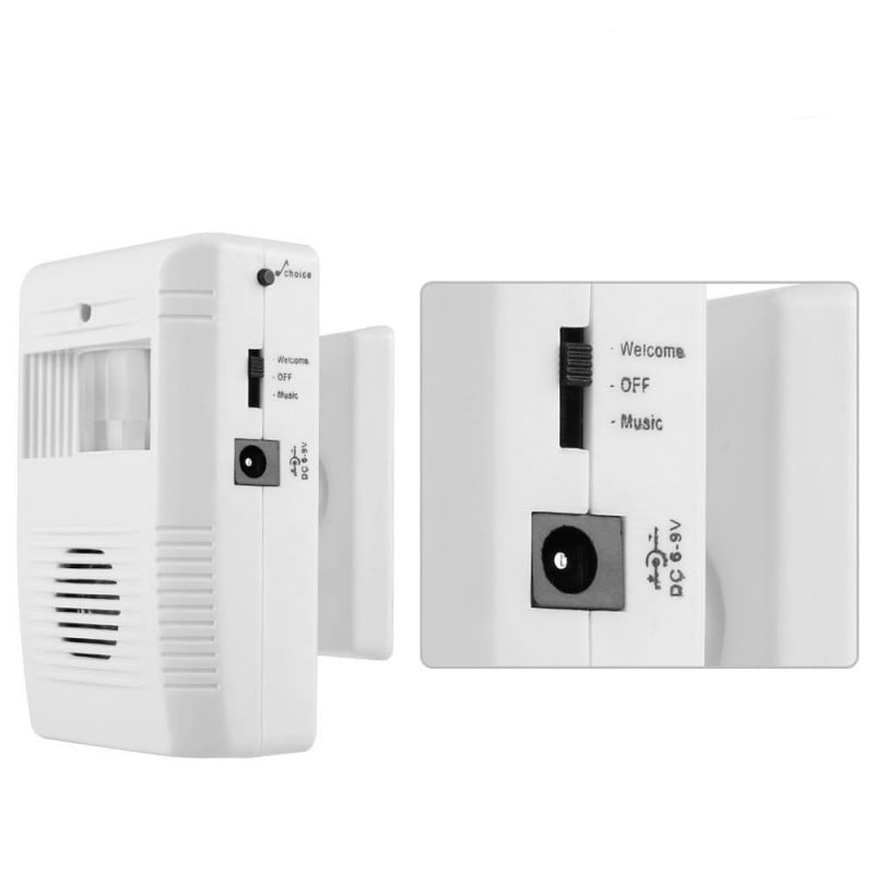 Alarma de usa cu senzor PIR - vedere laterala cu comutator moduri si conector DC 6-9V