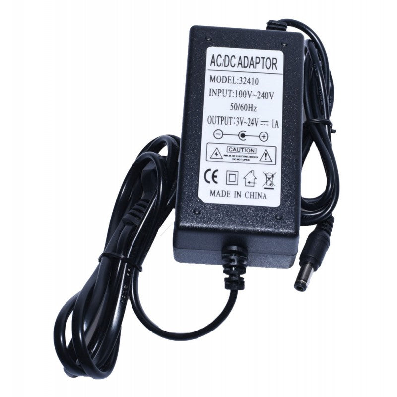Alimentator AC/DC reglabil 3V-24V 1A, eticheta tehnica cu specificatii intrare 100-240V si iesire DC