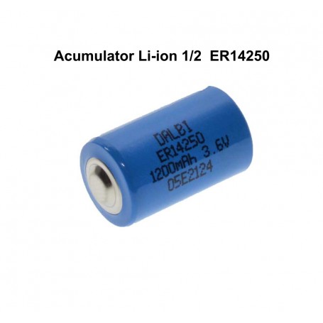 Acumulator Li-ion 14250 vazut din lateral, 3.6V 1200mAh, detaliu eticheta