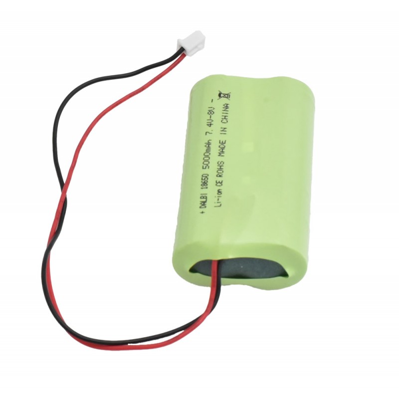 Acumulator Li-ion 5000mAh 7.4V vedere laterala cu cablu rosu-negru si mufa conector