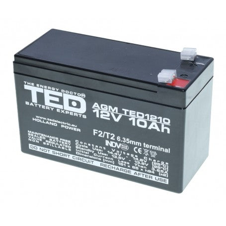Acumulator plumb-acid 12V 10Ah vazut din fata, terminal F2/T2 vizibil
