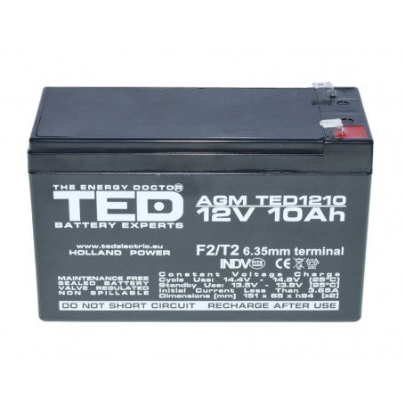 Acumulator AGM 12V 10Ah cu terminale F2/T2, pentru sisteme de securitate si iluminat de urgenta