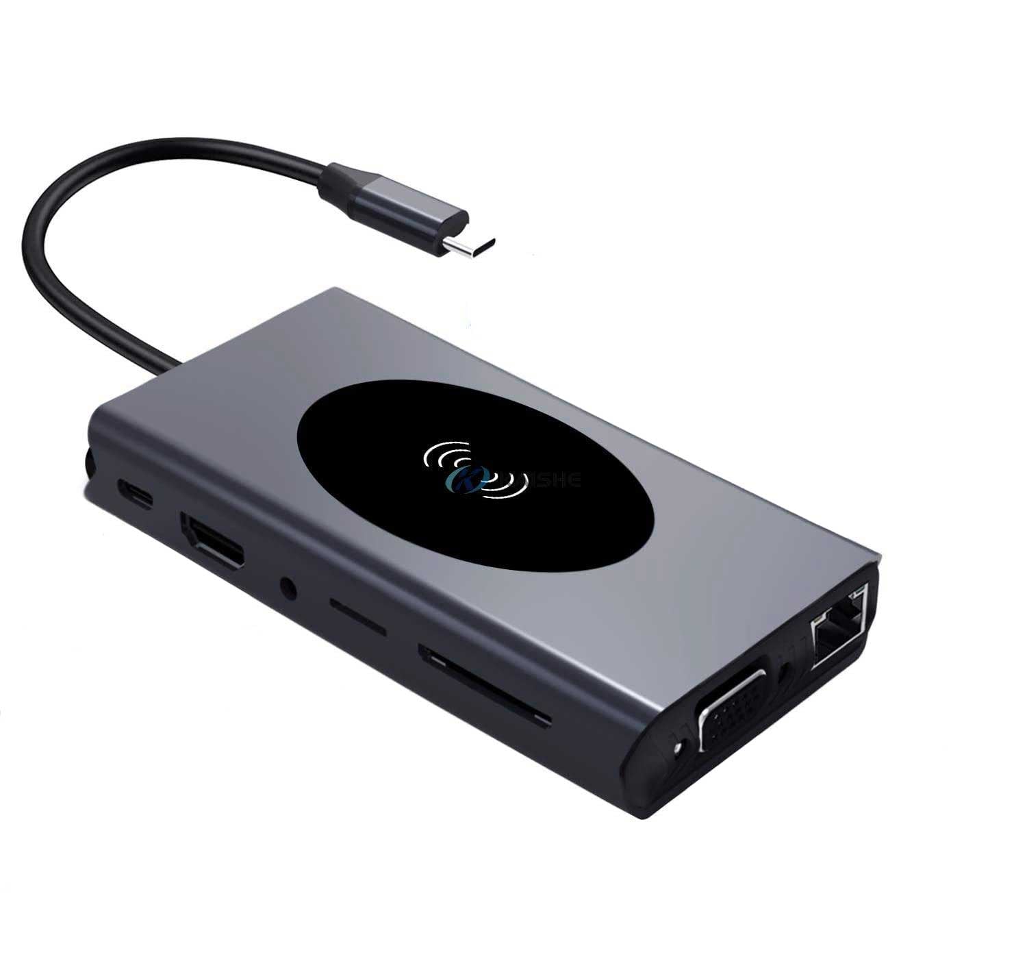 Hub USB-C 13 in 1 cu incarcare wireless 15W, HDMI 4K, VGA, 5x USB 3.0 si LAN RJ45, carcasa aluminiu