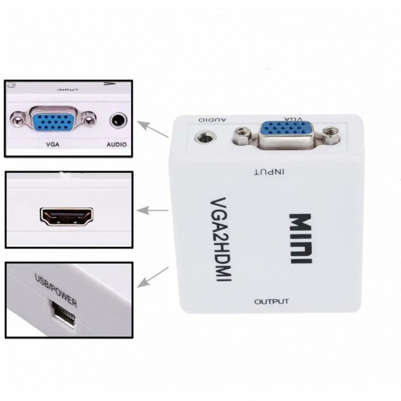 Detaliu porturi convertor VGA la HDMI: intrare VGA si audio, iesire HDMI si conector USB pentru alimentare