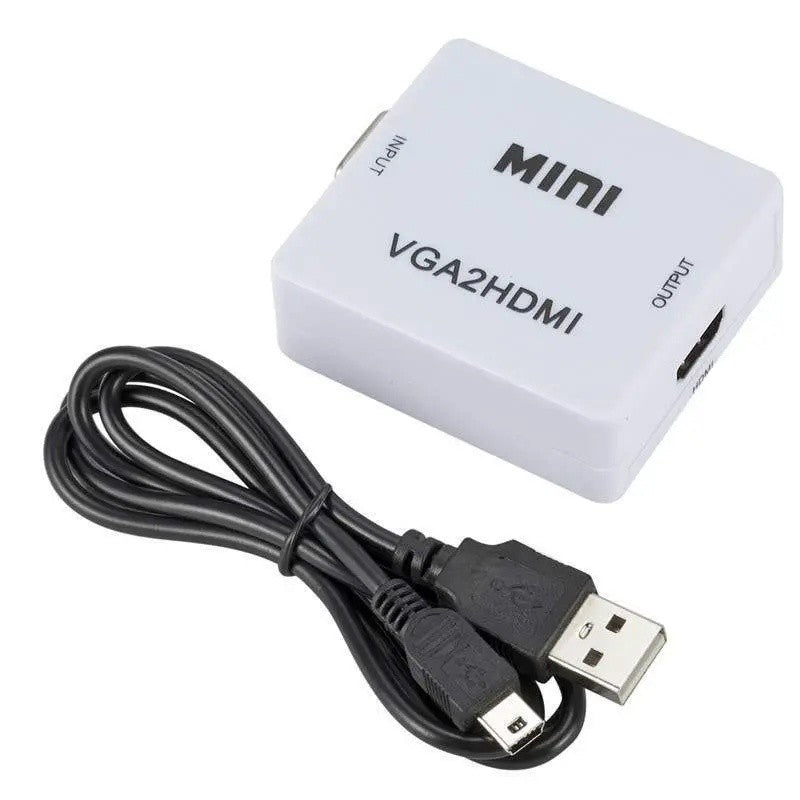 Convertor VGA la HDMI compact alb insotit de cablul USB de alimentare inclus in pachet