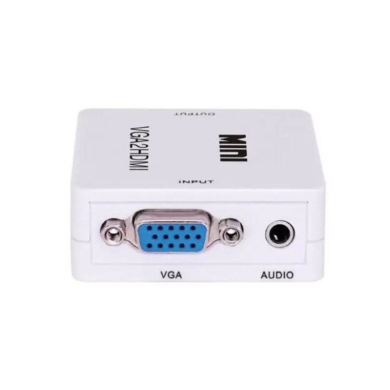 Convertor VGA-HDMI vazut din spate, cu port VGA albastru si jack audio 3.5mm la intrare