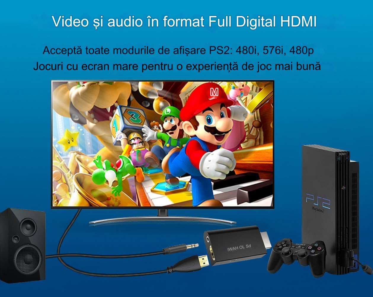 Adaptor PS2 la HDMI conectat la televizor, compatibil moduri 480i, 576i si 480p, audio digital