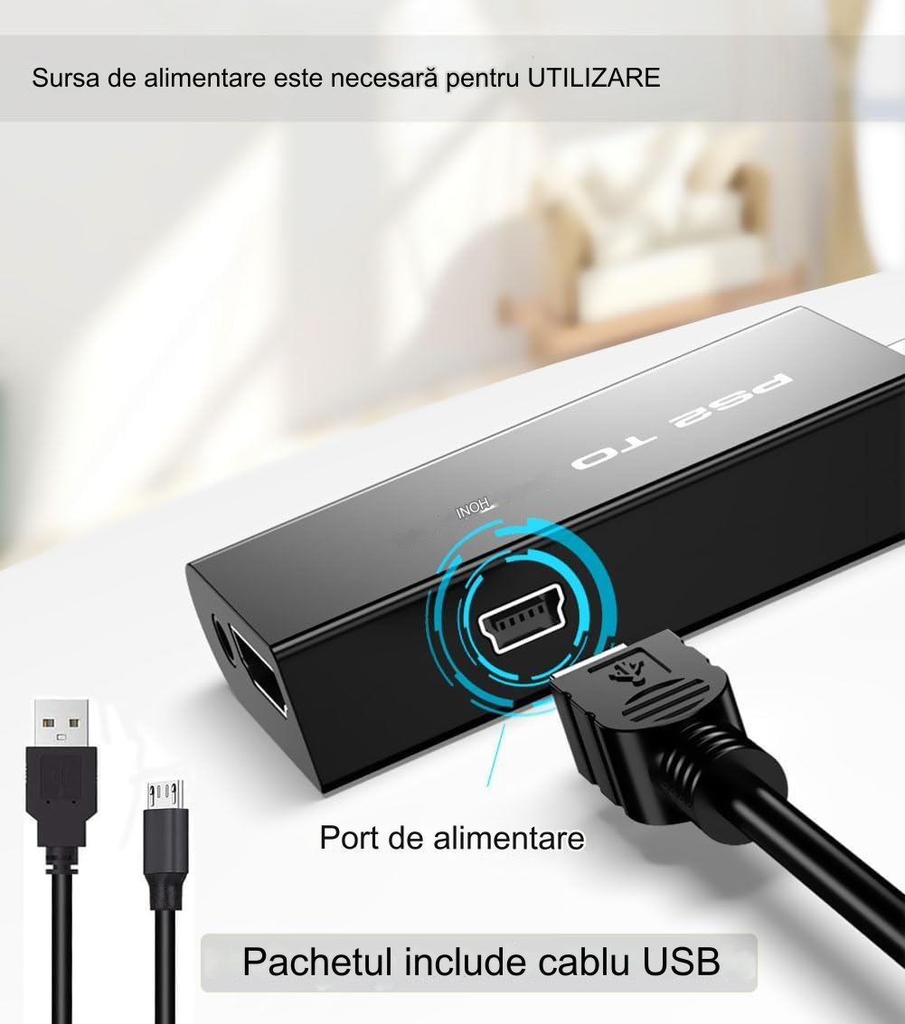 Port de alimentare micro USB al convertorului PS2 la HDMI, cu cablu USB inclus in pachet