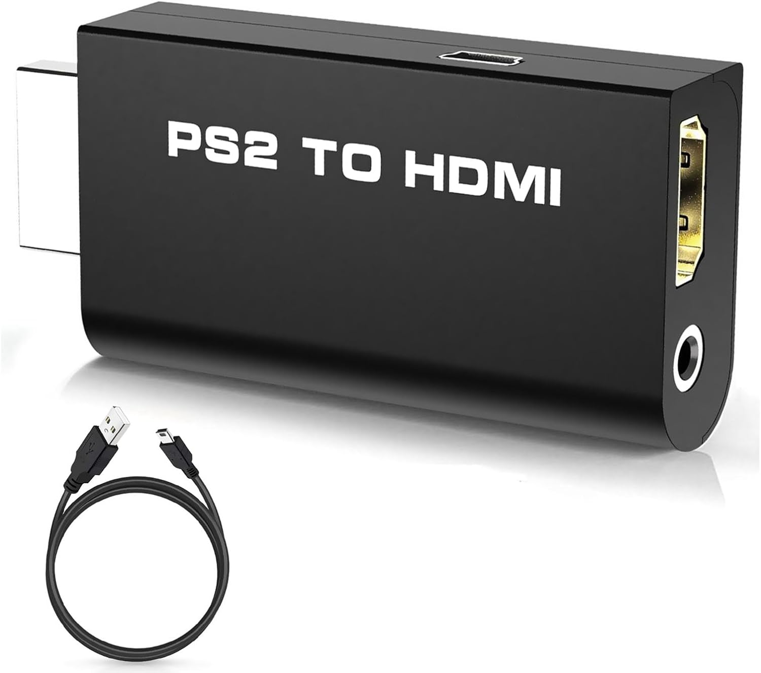 Adaptor PS2 la HDMI compact negru cu cablu USB mini inclus, vedere laterala