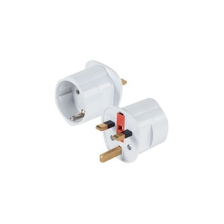 Adaptor stecher EU/US la priza UK 3 pini tip Suko, carcasa ABS alba, contacte cupru, set 2 bucati