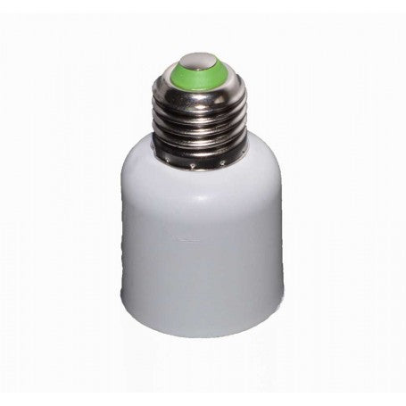 Adaptor dulie E27-E40 vazut din lateral, filet metalic E27 cu contact verde vizibil