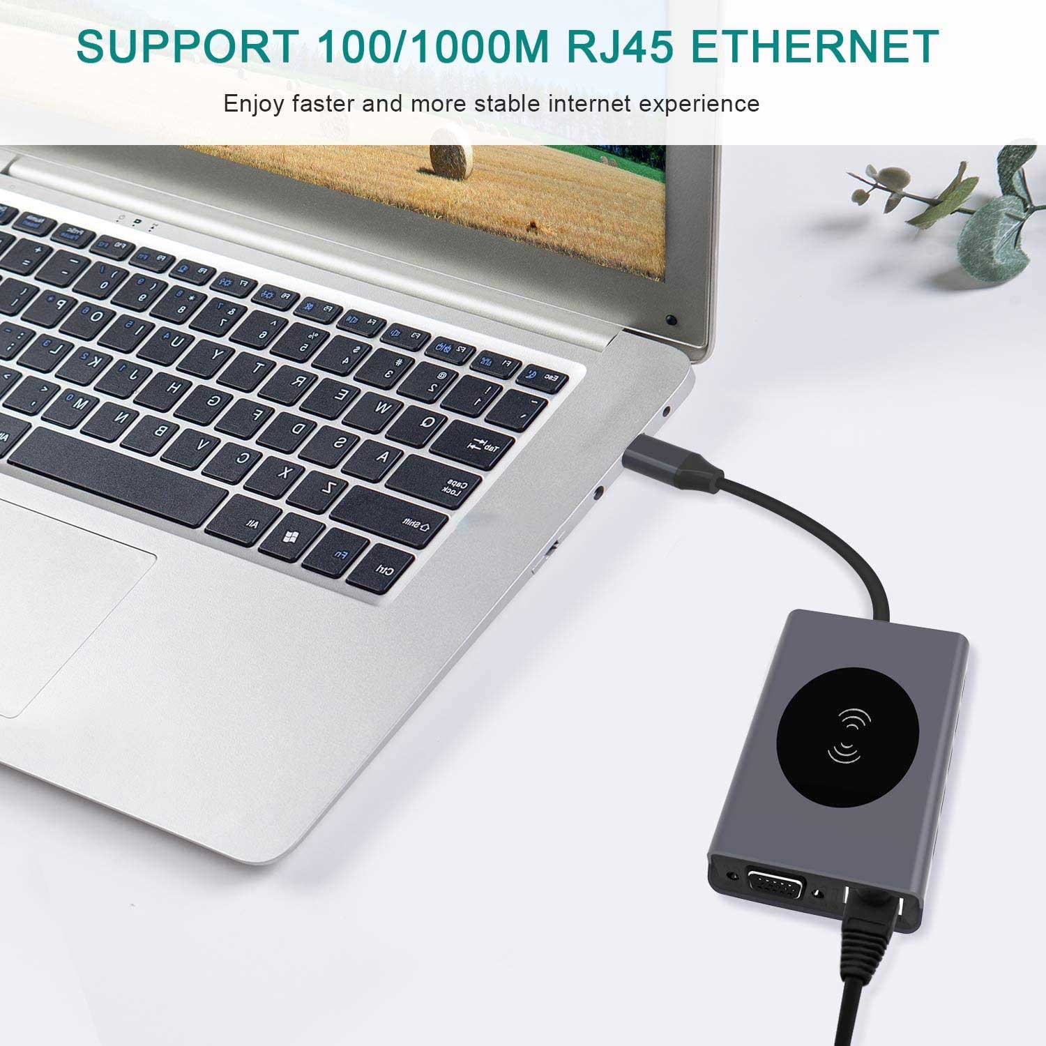 Hub USB-C cu suport RJ45 Gigabit Ethernet conectat la laptop, pentru conexiune stabila prin cablu LAN