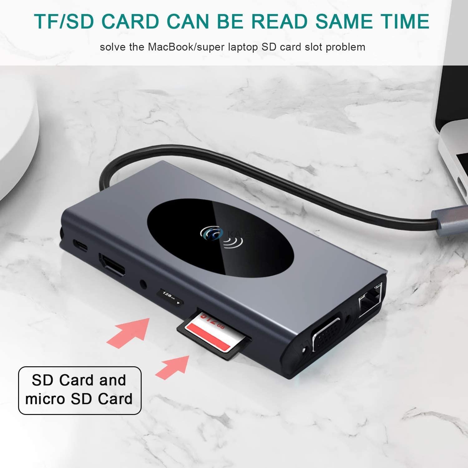 Hub USB-C cu slot SD si microSD utilizabile simultan, conectat la laptop pe suprafata de birou