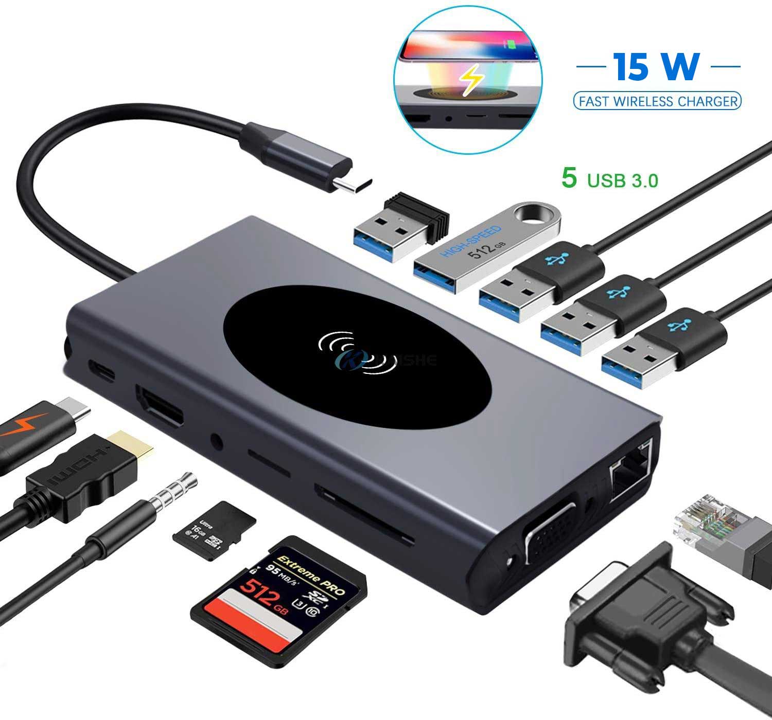 Hub USB-C multifunctional cu 15W incarcare wireless rapida si 5 porturi USB 3.0, toate conexiunile vizibile