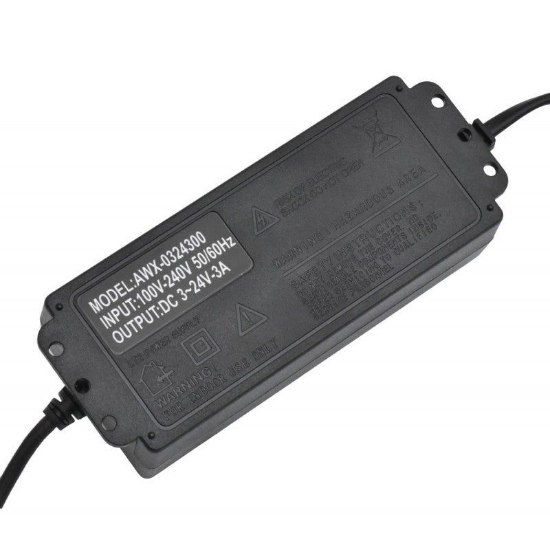 Alimentator reglabil, eticheta tehnica cu specificatii intrare 100-240V si iesire DC 3-24V 3A