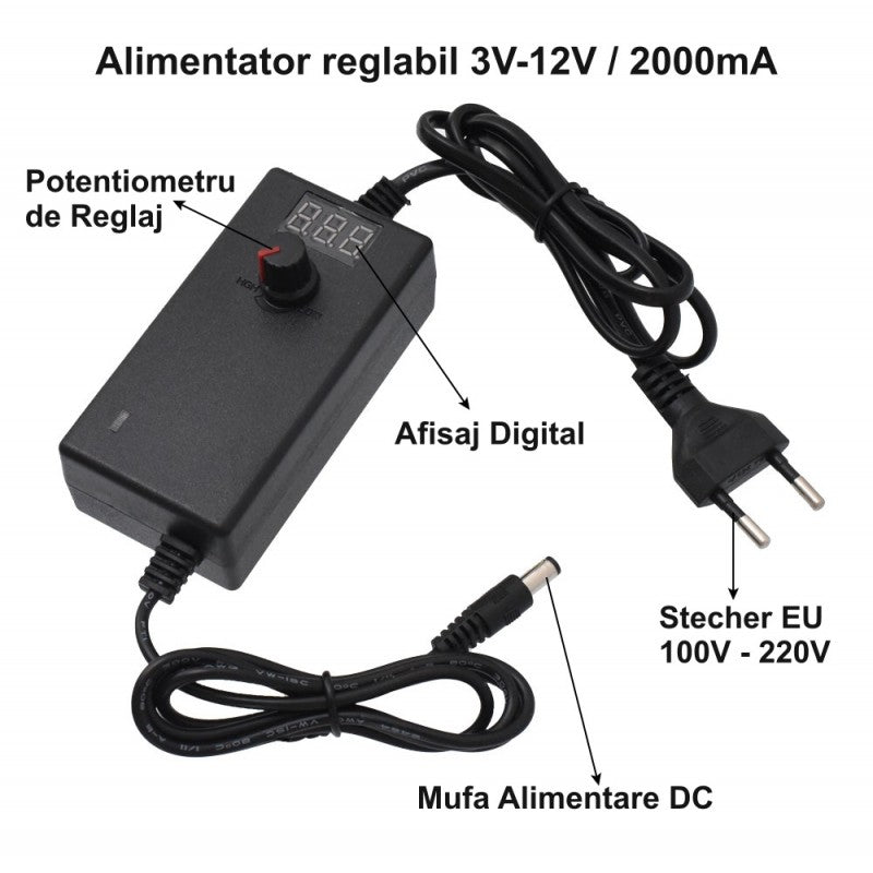 Alimentator reglabil 3V-12V cu componente etichetate: potentiometru reglaj, afisaj digital, mufa DC