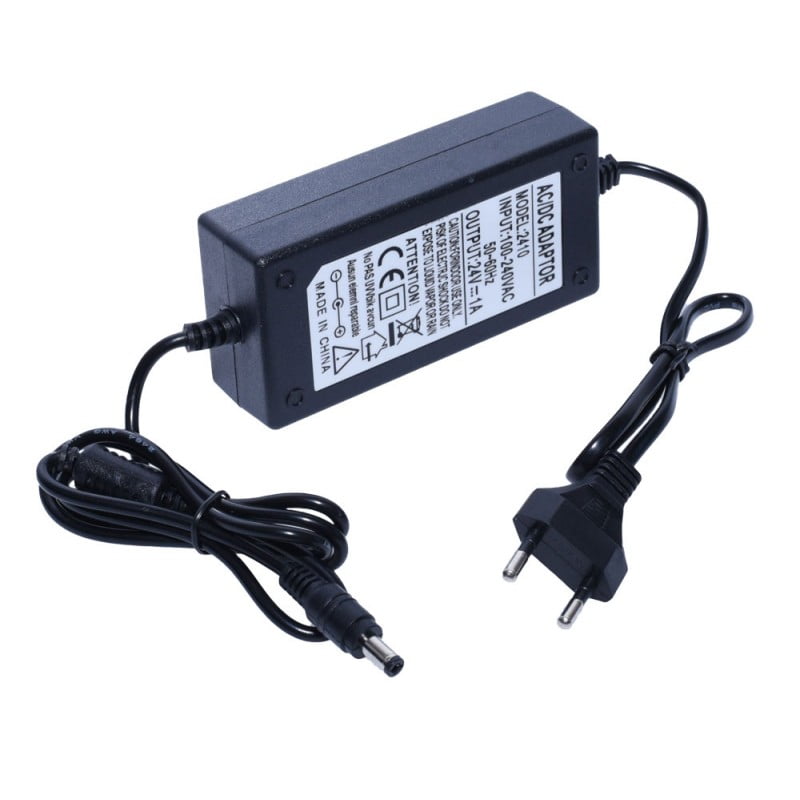 Adaptor AC/DC 24V 1A cu cablu de alimentare si mufa cilindrica, vedere laterala