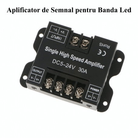 Amplificator banda LED monocrom 30A DC5-24V, vedere frontala cu eticheta produs