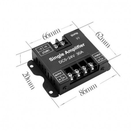 Amplificator banda LED monocrom 30A cu dimensiuni 86x62x20mm marcate, carcasa compacta