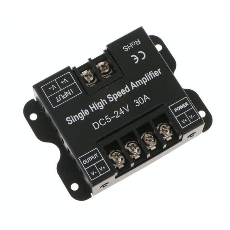 Amplificator semnal banda LED monocrom 30A, tensiune DC5-24V, carcasa metalica neagra cu borne surub