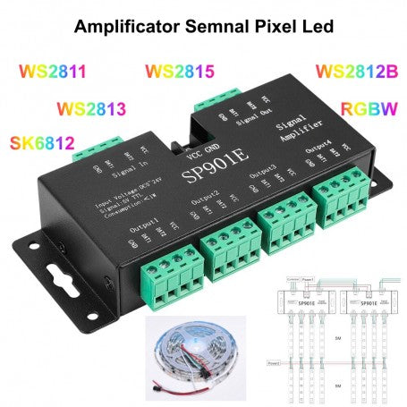 Amplificator pixel LED compatibil WS2811 WS2812B WS2815 SK6812 RGBW, schema conectare banda adresabila