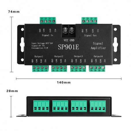 Amplificator semnal pixel LED cu dimensiuni 140x74x28mm, 4 iesiri cu borne surub verzi