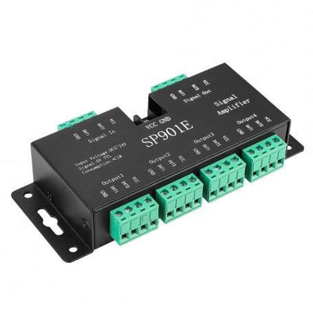 Amplificator semnal pixel LED, 4 iesiri, tensiune 5-24V DC, compatibil SPI TTL, carcasa metalica neagra