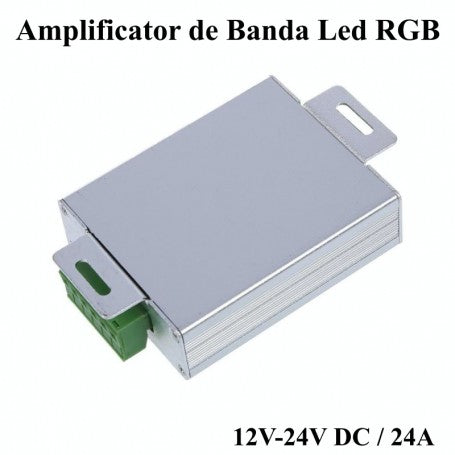 Amplificator banda LED RGB vedere spate, carcasa compacta aluminiu, 12-24V DC 24A