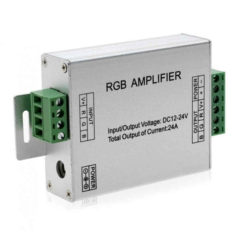 Amplificator semnal banda LED RGB, tensiune DC 12-24V, curent total 24A, carcasa aluminiu cu borne surub