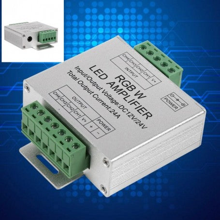 Amplificator RGBW 24A tensiune 12V/24V DC, vedere frontala cu conexiuni input si output
