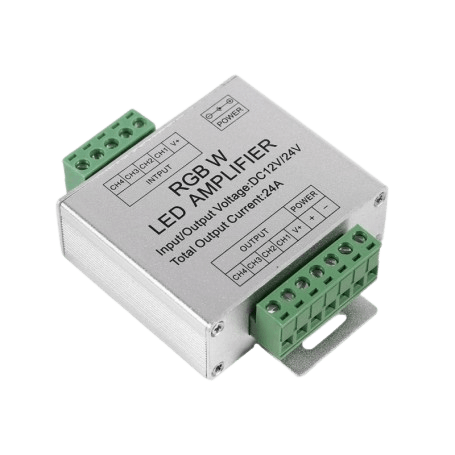 Amplificator banda LED RGBW 12-24V, curent iesire 24A, carcasa aluminiu, reglete surub input/output