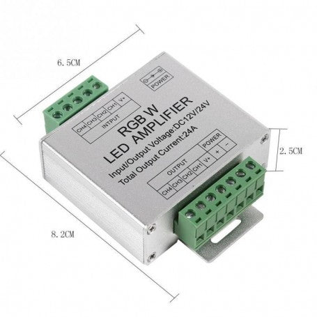 Amplificator banda LED RGBW cu dimensiuni 82x65x25 mm, tensiune 12-24V, gabarit compact
