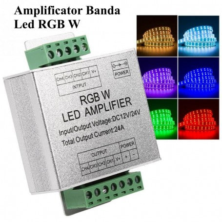 Amplificator RGBW 24A compatibil benzi LED multicolore, sincronizare culori rosu, verde, albastru, alb