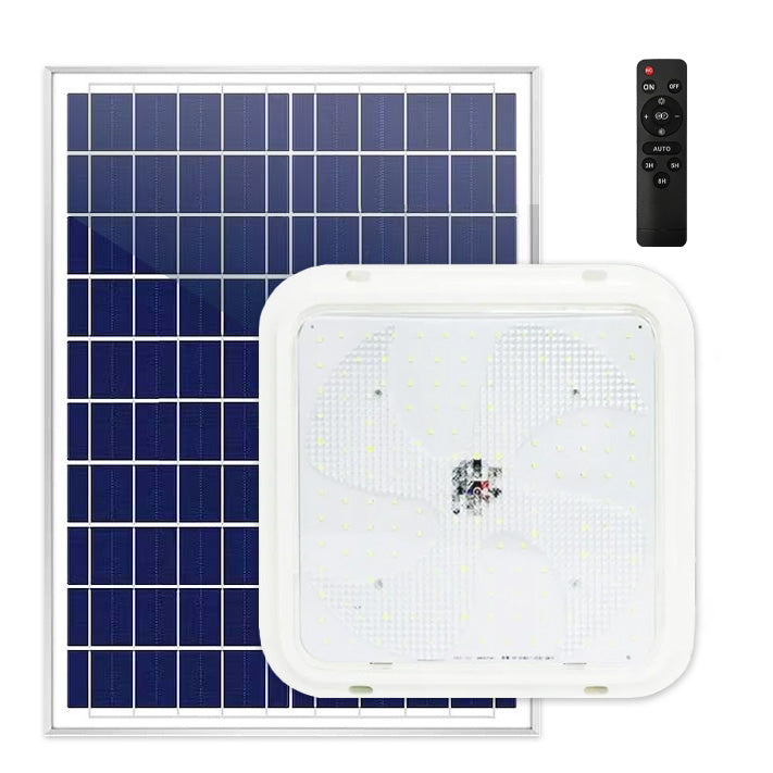 Plafoniera solara LED 200W cu panou solar policristalin, acumulator 8000mAh, telecomanda inclusa, montaj interior/exterior
