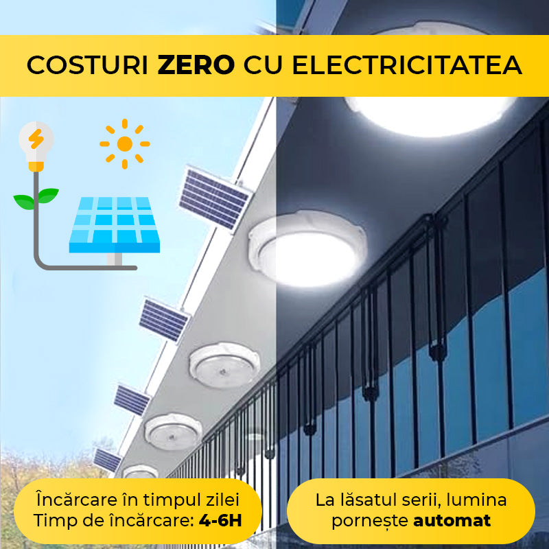 Plafoniera solara cu incarcare 4-6H, pornire automata la lasatul serii, cost zero electricitate