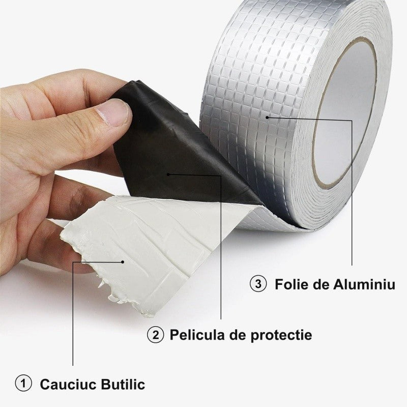 Banda hidroizolanta cu trei straturi: cauciuc butilic, pelicula protectie si folie aluminiu