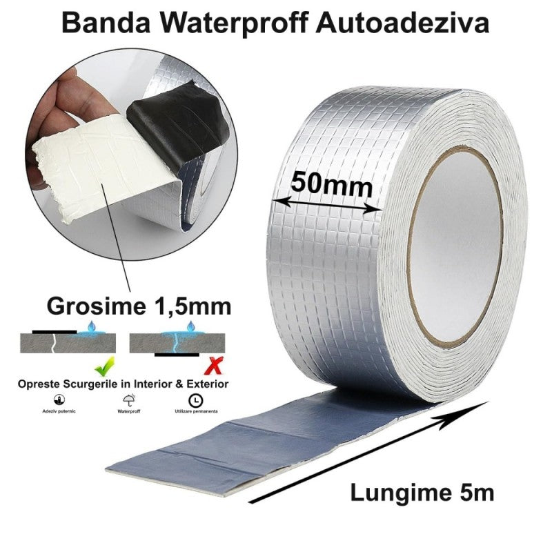 Banda waterproof autoadeziva 50mm latime, 5m lungime, grosime 1,5mm, etansare fisuri