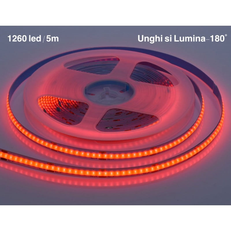 Banda COB LED rosie 1260 LED/5m, unghi iluminare 180 grade, fara puncte vizibile