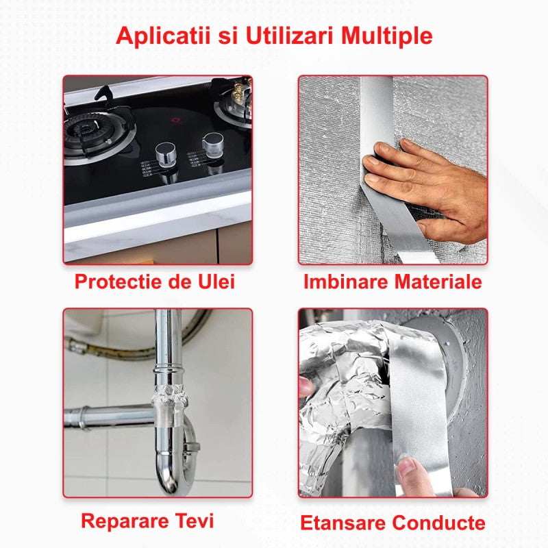 Banda aluminiu autoadeziva cu utilizari multiple: protectie aragaz, imbinare materiale, reparare tevi, etansare