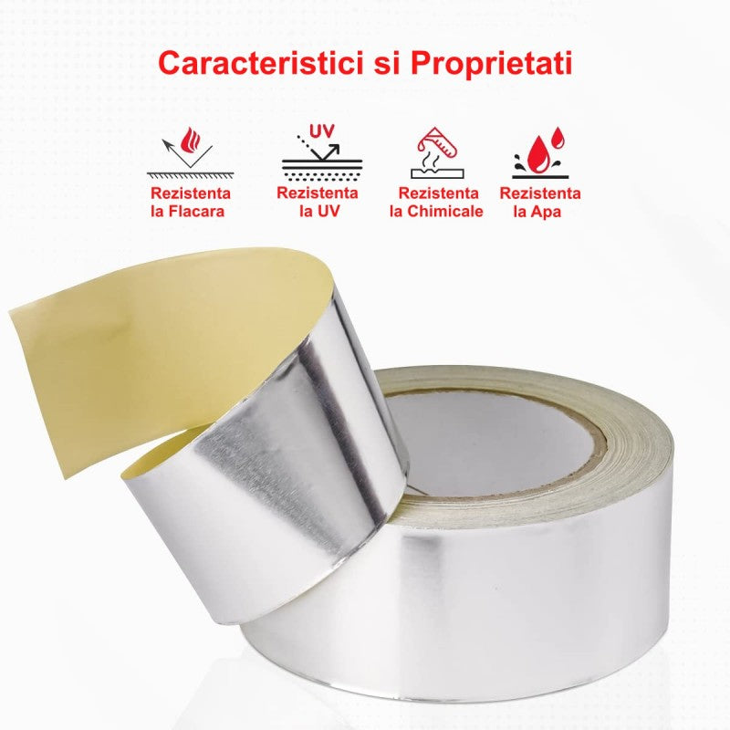 Banda aluminiu cu adeziv acrilic, rezistenta la flacara, UV, chimicale si apa, folia de protectie detasata