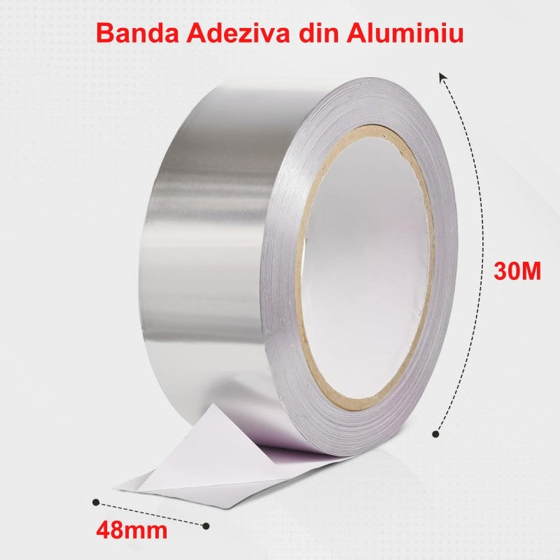 Banda adeziva aluminiu 48mm latime, rola 30m, cu folia adeziva vizibila si dimensiuni marcate