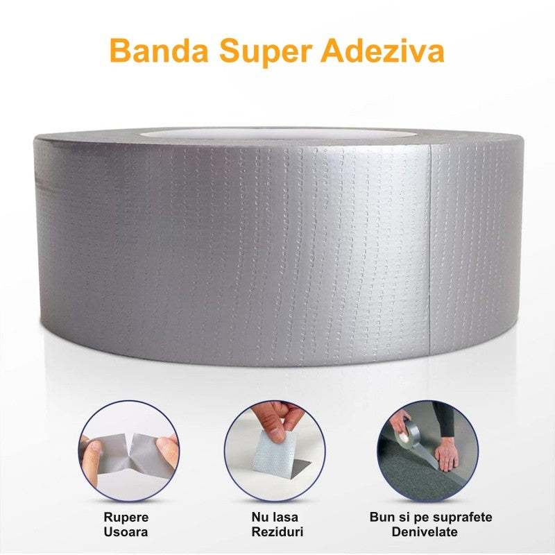 Rola banda adeziva argintie super rezistenta, rupere usoara, fara reziduuri, compatibila suprafete denivelate