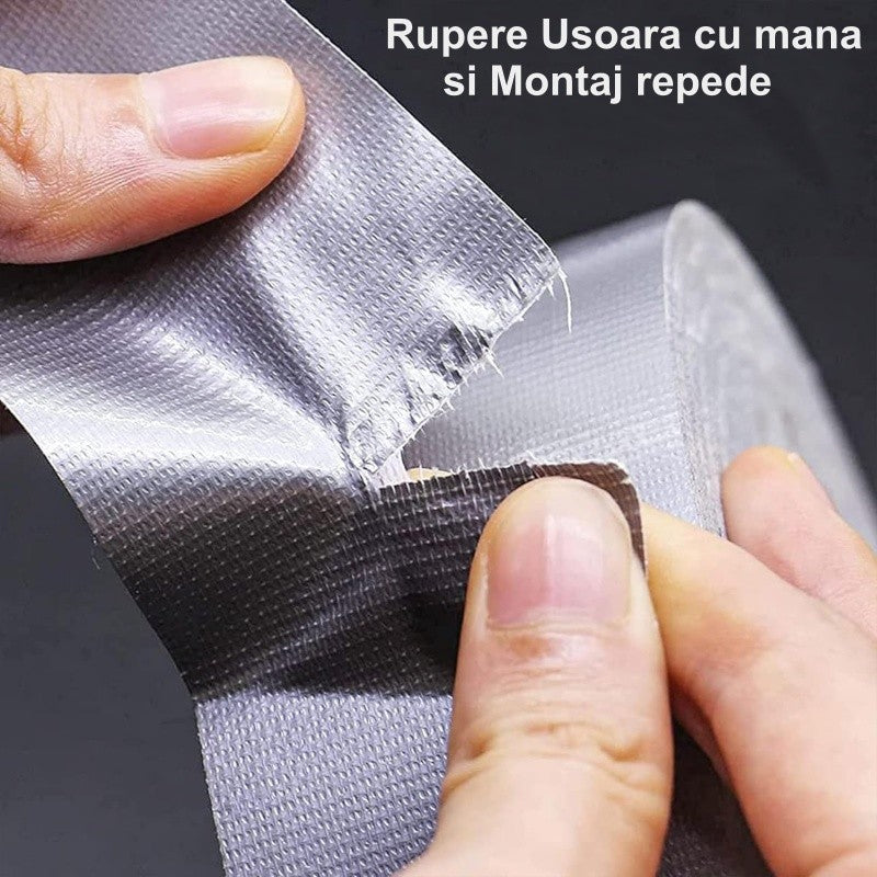 Banda adeziva textila argintie rupta cu mana, fara foarfece, montaj rapid si usor