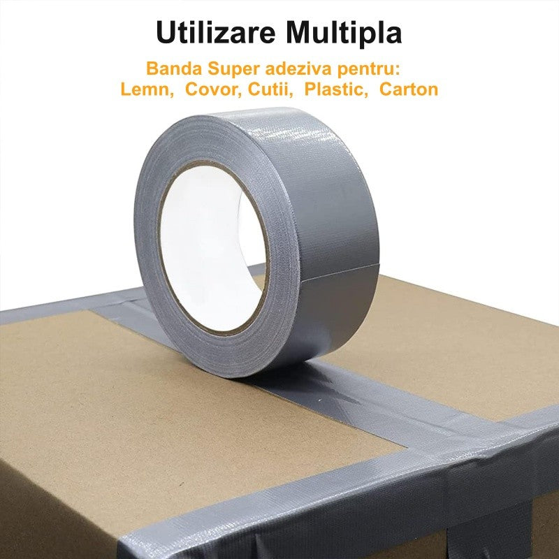 Banda adeziva argintie utilizata pentru fixarea unui carton, potrivita lemn, covor, plastic, cutii