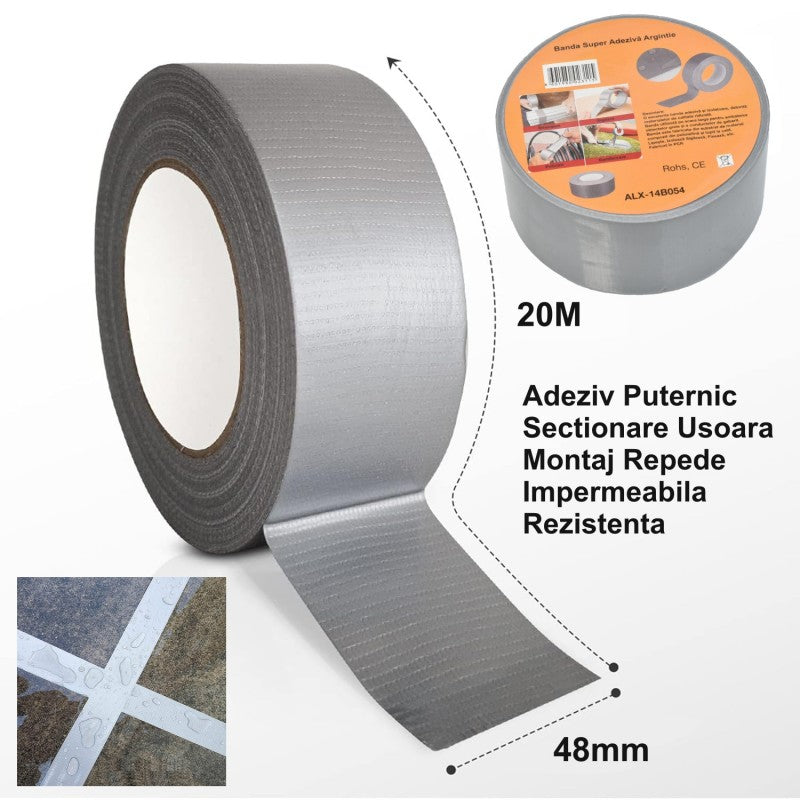 Banda adeziva rezistenta 48mm, 20m, adeziv puternic, prezentare dimensiuni si utilizare pe suprafete