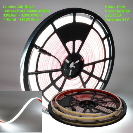 Banda LED COB 320D/m, 11W/ml, IP68 submersibila, alb-rece 6500K, 24V, rola 10m